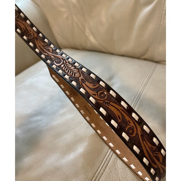 Angel Ranch Western Tooled Leather Womens Belt Rhinestone Size L Turquoise Brown - Picture 11 of 13